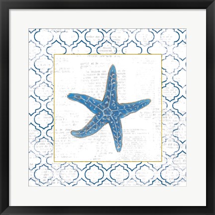 Framed Navy Starfish on Newsprint with Gold Print
