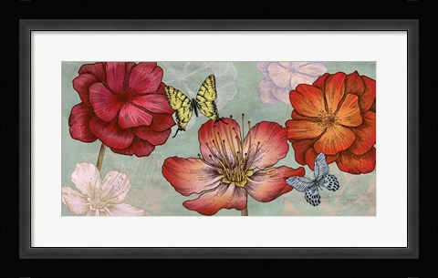 Framed Flowers and Butterflies (Aqua) Print