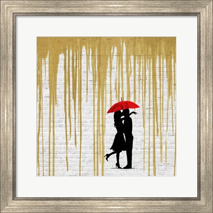 Framed Romance in the Rain (Gold, detail) Print
