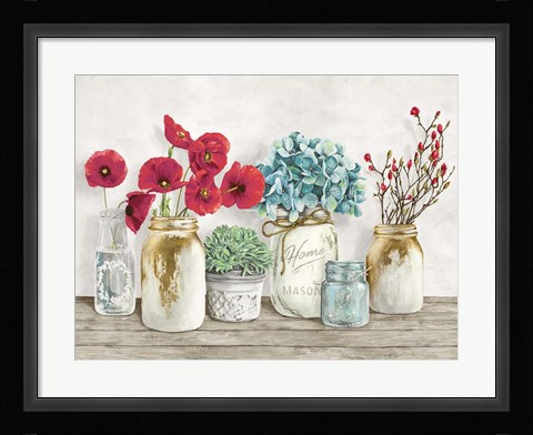 Framed Floral Composition with Mason Jars Print