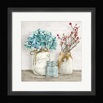 Framed Floral Composition with Mason Jars I Print