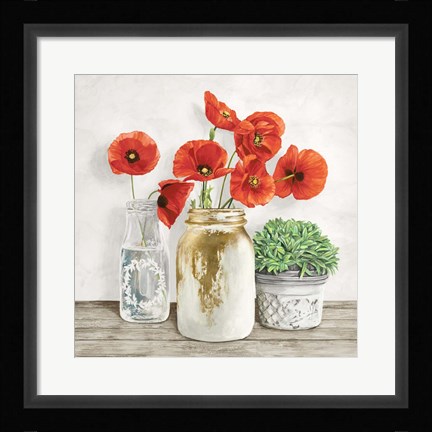 Framed Floral Composition with Mason Jars II Print