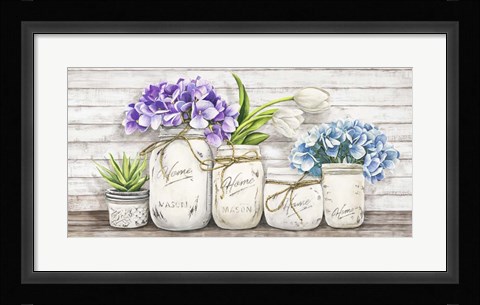 Framed Hydrangeas in Mason Jars Print