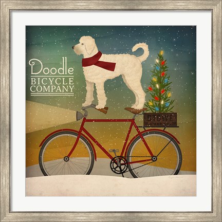Framed White Doodle on Bike Christmas Print
