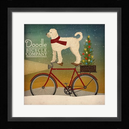 Framed White Doodle on Bike Christmas Print