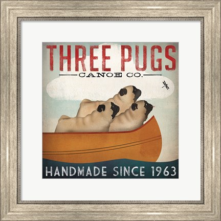 Framed Three Pugs in a Canoe Print