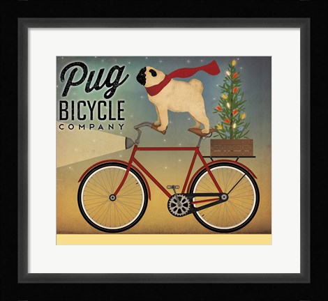 Framed Pug on a Bike Christmas Print