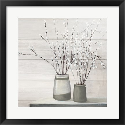 Framed Pussy Willow Still Life Gray Pots Shiplap Print