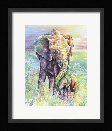 Framed Mother &amp; Baby Elephant Rainbow Colors Print