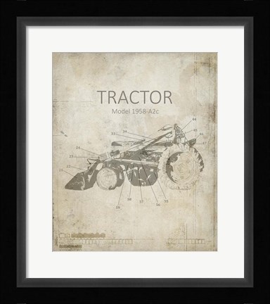 Framed Industrail Farm Tractor Blue Print 1 Print