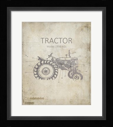 Framed Industrail Farm Tractor Blue Print 2 Print
