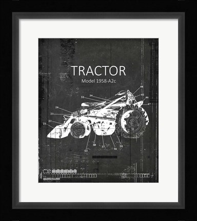 Framed Industrail Farm Tractor Blue Print BW3 Print