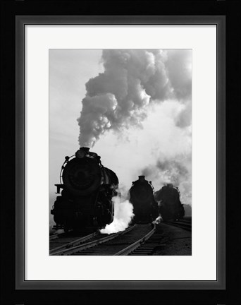 Framed 1930s 1940s Head-On View Of Three Steam Engines Print
