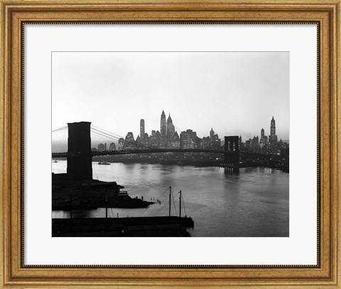 Framed 1950s Twilight Skyline Manhattan Brooklyn Bridge? Print