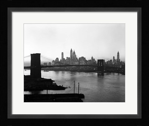 Framed 1950s Twilight Skyline Manhattan Brooklyn Bridge? Print