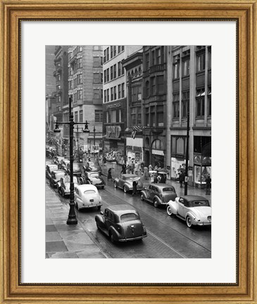 Framed 1940s Rainy Day On Chestnut Street Philadelphia Print