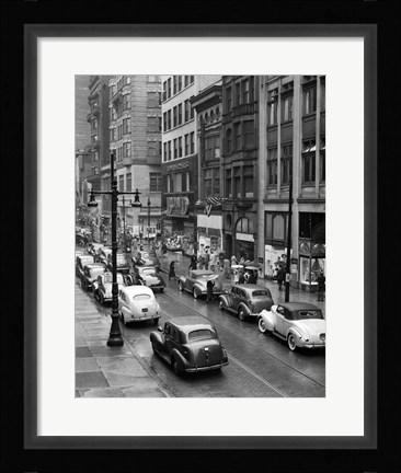 Framed 1940s Rainy Day On Chestnut Street Philadelphia Print
