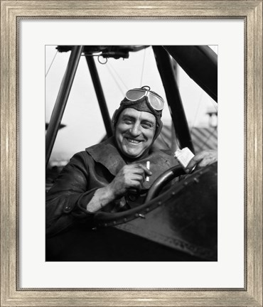 Framed 1920s Smiling Man Pilot In Cockpit Of Airplane Print
