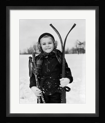 Framed 1930s Little Girl Standing Holding Skis Print