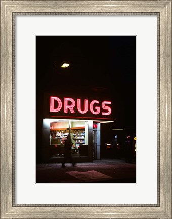Framed 1980s Drug Store At Night Pink Neon Sign Print