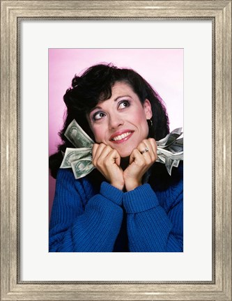 Framed Excited Brunette Woman Holding Several Dollar Bills Print