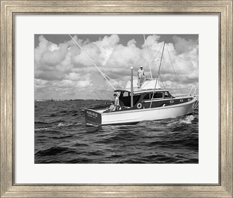 Framed 1950s 3 Men Trolling Off Of Fishing Boat Print