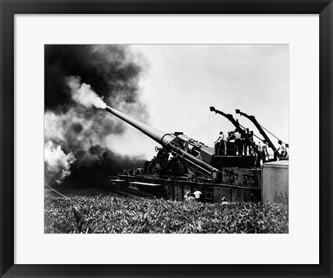 Framed 1940s WWII Big Artillery Railroad Gun Firing Print