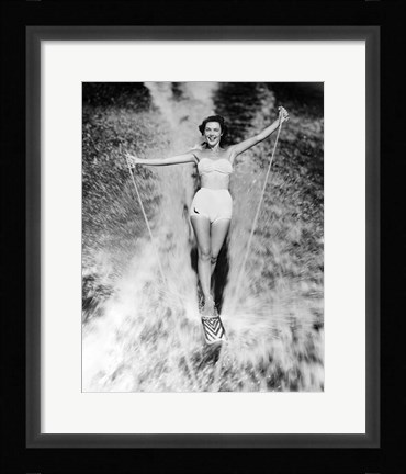 Framed 1950s Smiling Woman In White Two Piece Bathing Suit Print