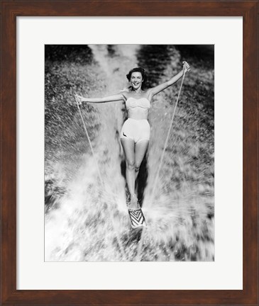 Framed 1950s Smiling Woman In White Two Piece Bathing Suit Print