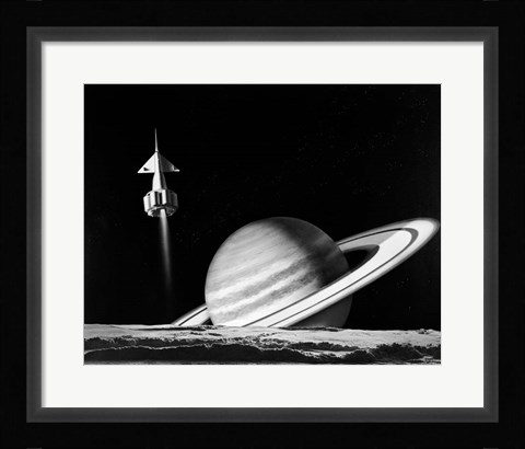 Framed 1960s Space Rocket Flying Past Saturn Print