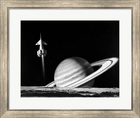 Framed 1960s Space Rocket Flying Past Saturn Print