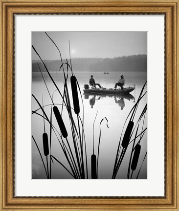 Framed 1980s Two Men Silhouetted Bass Fishing Print