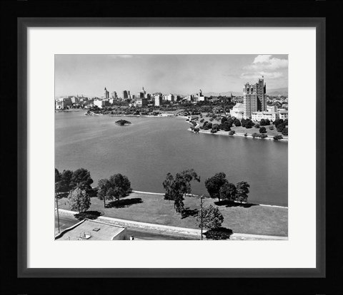Framed 1950s Lake Merritt In Foreground Skyline View Print