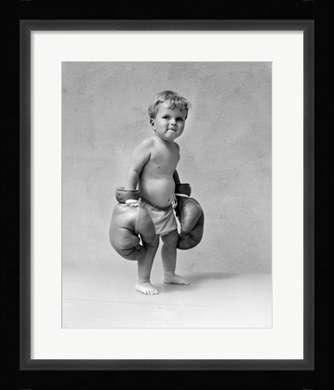 Framed 1930s Baby Boy Toddler Wearing  Boxing Gloves Print
