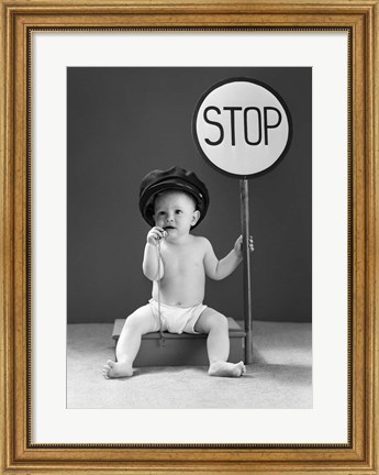 Framed 1940s Baby Boy Holding Stop Sign Print