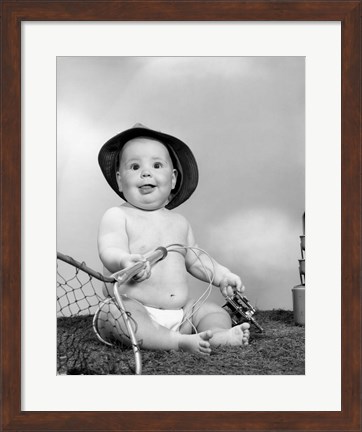 Framed 1960s Baby Girl Wearing Fishing Hat Print