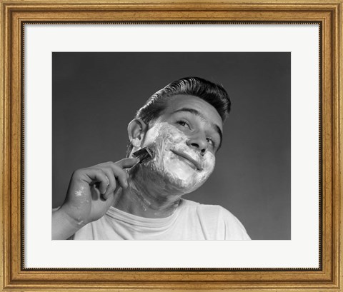 Framed 1950s Young Man Shaving With Safety Razor Print