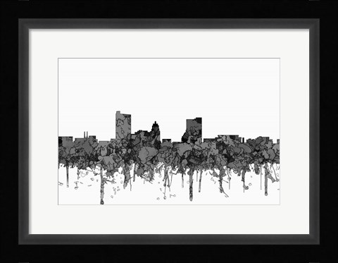 Framed Fort Wayne Indiana Skyline - Cartoon B&amp;W Print