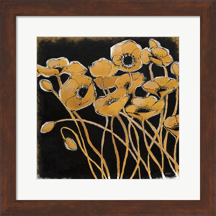 Framed Gold Black Line Poppies I Print
