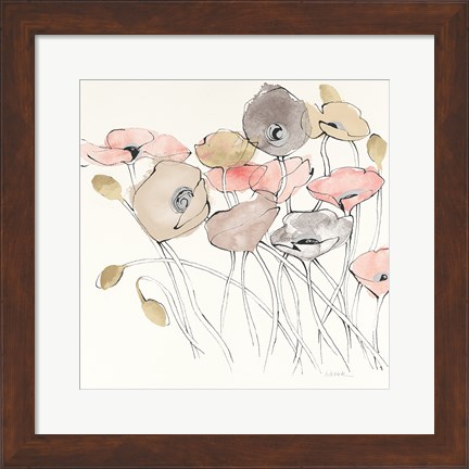 Framed Black Line Poppies I Watercolor Neutral Print