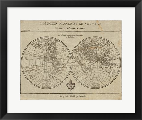 Framed Map of the World Sepia Print