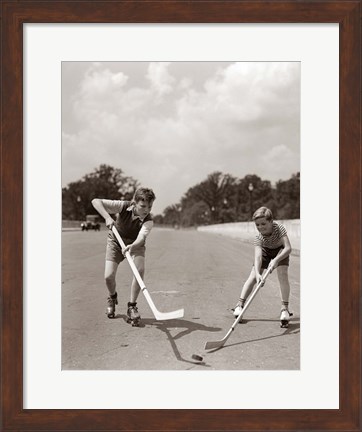 Framed 1930s 1940s 2 Boys With Sticks And Puck Print