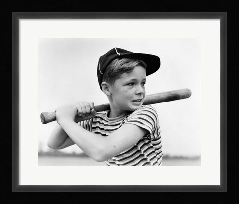 Framed 1930s Boy At Bat Wearing A Horizontal Striped Tee Shirt Print