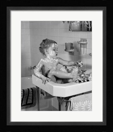 Framed 1940s Girl Sitting In Sink Lathered With Soap Print