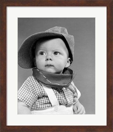 Framed 1950s Baby Head &amp; Shoulders Wearing Railroad Engineer Hat Print
