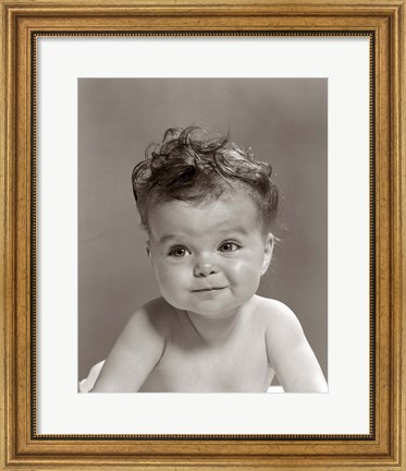 Framed 1950s Portrait Baby With Messy Curly Hair &amp; Straight Face Print
