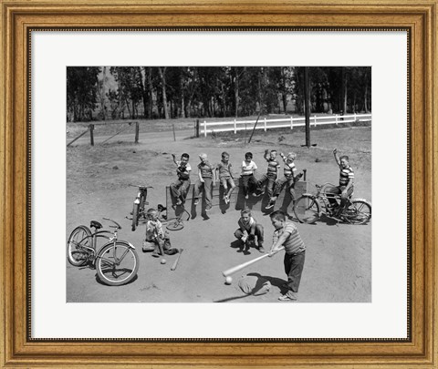 Framed 1950s 10 Neighborhood Boys Playing Sand Lot Baseball Print