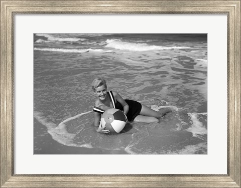 Framed 1960s Woman In Bathing Suit Lying In The Surf Print