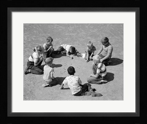 Framed 1950s Boys &amp; Girls Shooting Marbles Print