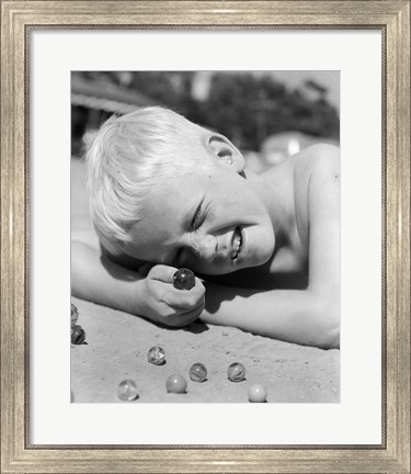 Framed 1950s Boy Crouching Shooting Marbles Print